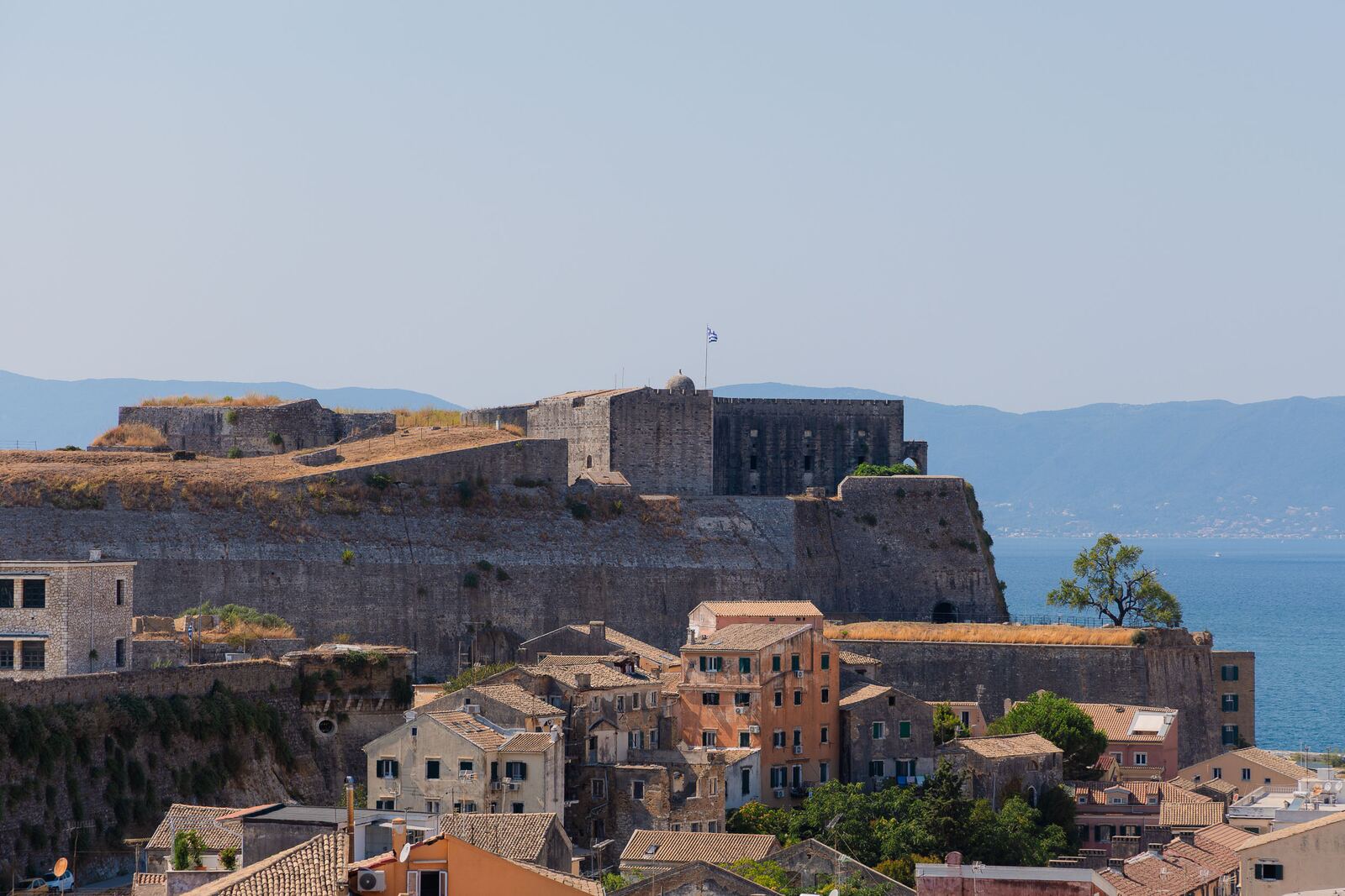 The Old Fortress and the Ionian Sea from the balcony rail