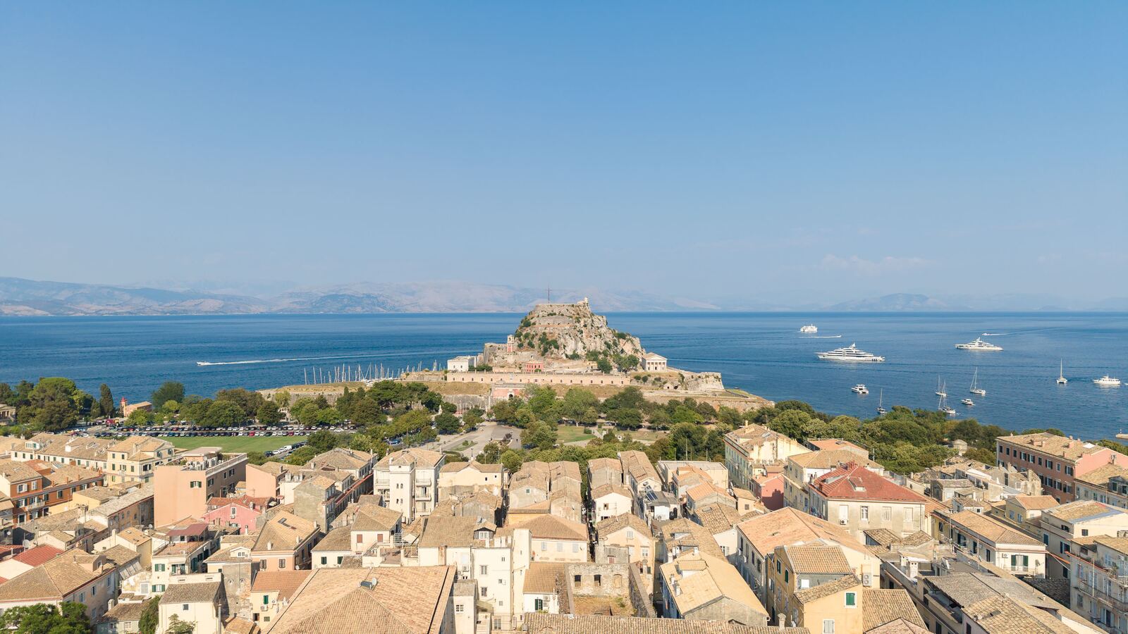 Panorama over the Old Town to the Old Fortress and the open Ionian
