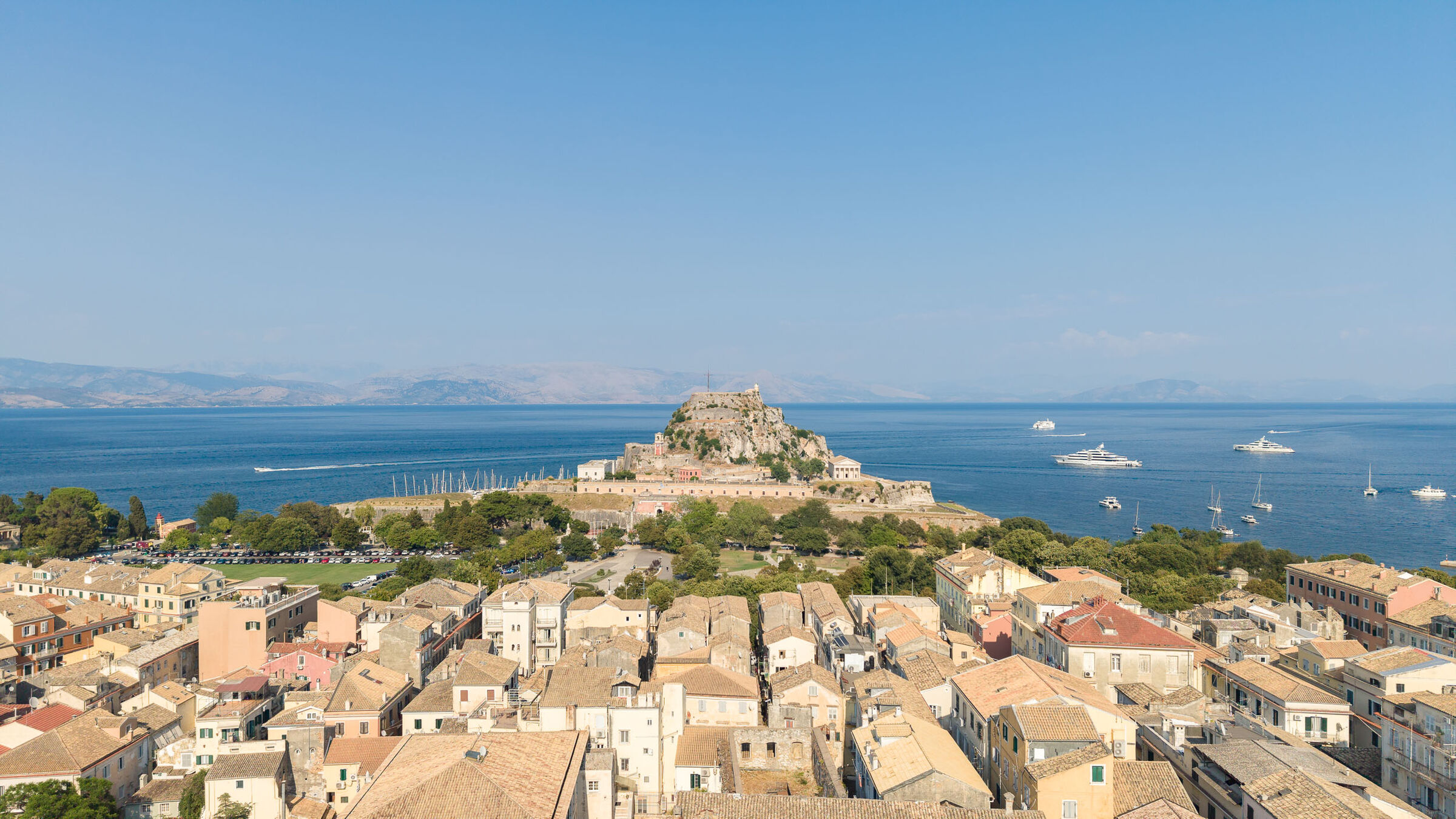Panorama from Terra di Corfu over the roofs of the Old Town to the Old Fortress and the open Ionian
